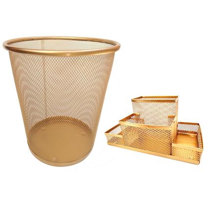 Imagem de Lixeira Aramada Dourado Escritório e Kit Organizador de Mesa Porta Caneta