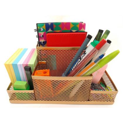 Imagem de Lixeira Aramada Dourado Escritório e Kit Organizador de Mesa Porta Caneta