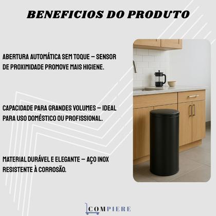 Imagem de Lixeira Automática 50L com Sensor de Proximidade, Aço Inox Redonda, Tampa Automática, Preta 70,5x30cm