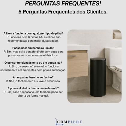 Imagem de Lixeira Automática 50L com Sensor de Proximidade, Aço Inox Redonda, Tampa Automática, Preta 70,5x30cm