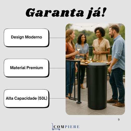 Imagem de Lixeira Automática 50L com Sensor de Proximidade, Aço Inox Redonda, Tampa Automática, Preta 70,5x30cm