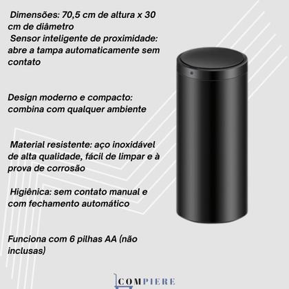 Imagem de Lixeira Automática 50L com Sensor de Proximidade, Aço Inox Redonda, Tampa Automática, Preta 70,5x30cm