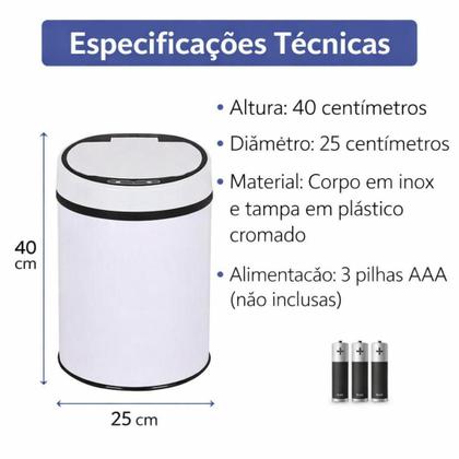 Imagem de Lixeira automatica branca grande 12 litros sensor inteligente cozinha banheiro inox cesto lixo