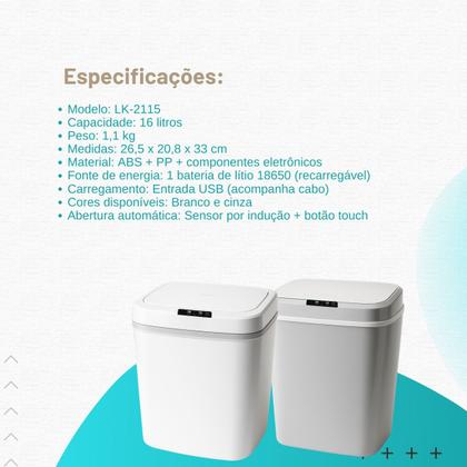 Imagem de Lixeira Automática Lixeiras Inteligentes Com Sensor 16l Recarregavel