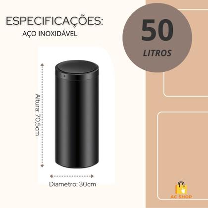 Imagem de Lixeira  Automática Lixo Com Sensor Inteligente de Proximação Aço Inox Redonda Grande 50L Cesto Multiuso Casa Banheiro