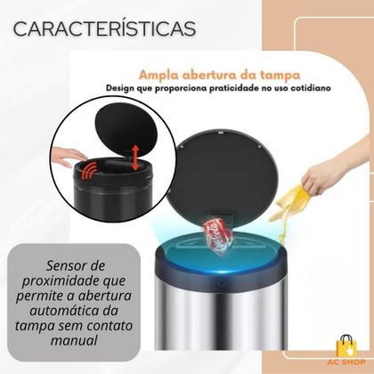 Imagem de Lixeira  Automática Lixo Com Sensor Inteligente de Proximação Aço Inox Redonda Grande 50L Cesto Multiuso Casa Banheiro