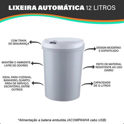 Imagem de Lixeira Automática Redonda 12 Litros com Sensor de Proximidade Recarregável Banheiro Cozinha