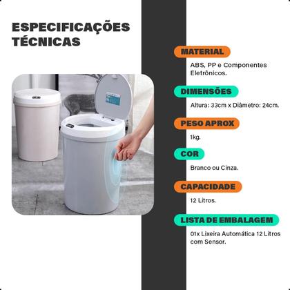 Imagem de Lixeira Automática Redonda 12 Litros com Sensor de Proximidade Recarregável Banheiro Cozinha