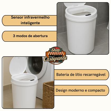 Imagem de Lixeira Automática Redonda 12 Litros com Sensor de Proximidade Recarregável Banheiro Cozinha Globalmix