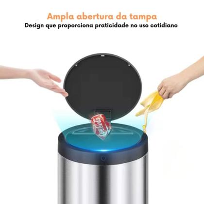 Imagem de Lixeira Automática Redonda Em Aço 40 Litros Sensor - Inox