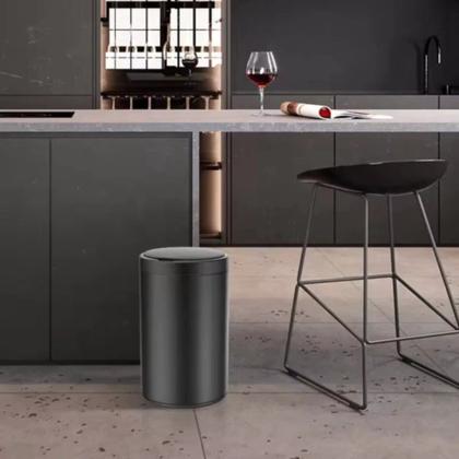 Imagem de Lixeira Automática Redonda em Aço 40L com Sensor-Preta