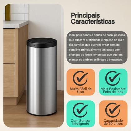 Imagem de Lixeira Automática Redonda Inox 50 Litros com Sensor de Proximidade Banheiro Cozinha Escritório