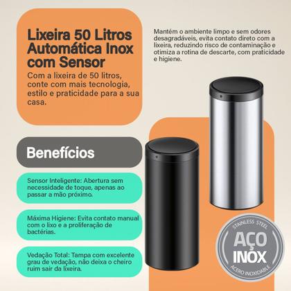 Imagem de Lixeira Automática Redonda Inox 50 Litros com Sensor de Proximidade Banheiro Cozinha Escritório