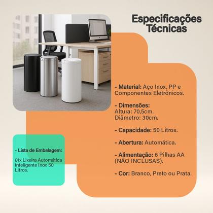Imagem de Lixeira Automática Redonda Inox 50 Litros com Sensor de Proximidade Banheiro Cozinha Escritório