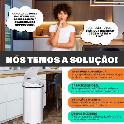 Imagem de Lixeira Automática Redonda Inox 50 Litros com Sensor de Proximidade Banheiro Cozinha Escritório