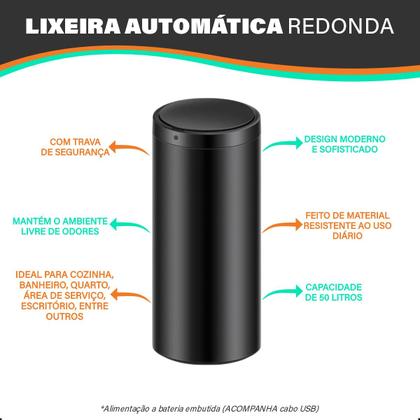 Imagem de Lixeira Automática Redonda Inox 50 Litros com Sensor de Proximidade Banheiro Cozinha Escritório