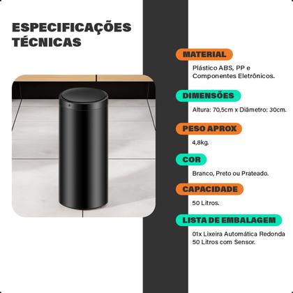 Imagem de Lixeira Automática Redonda Inox 50 Litros com Sensor de Proximidade Banheiro Cozinha Escritório