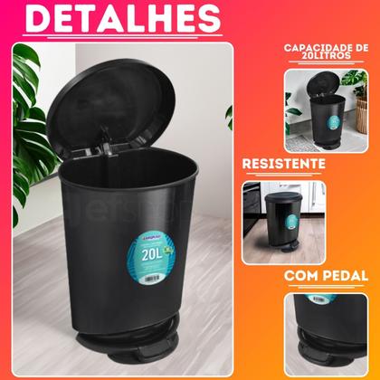 Imagem de Lixeira Cesto 20 Litros Preta Lixo P/ Cozinha Lavanderia Banheiro De Pedal