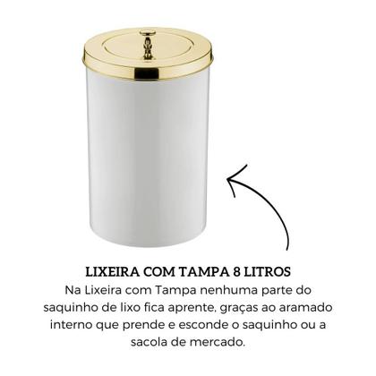 Imagem de Lixeira Cesto 8 Litros Branco Dourado Tampa Esconde Sacola         Ref: 580Dd