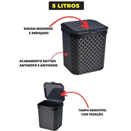 Imagem de Lixeira Cesto Rattan De 5 Litros Preto Com Tampa Lixo de Pia Rattan Preta Plastico 5lts Escritorio Quarto Banheiro Cozin