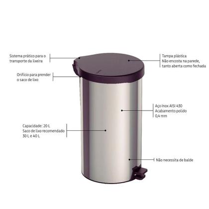 Imagem de Lixeira Com Pedal New Em Aço Inox C/ Acabamento Polido 20 L - Tramontina