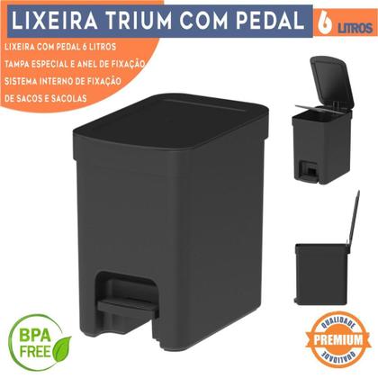 Imagem de Lixeira com pedal Trium Para Cozinha banheiro escritório OU 6 Litros lavabo Compacta Com anel oculta saco Com Tampa Resistente