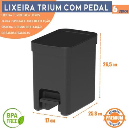 Imagem de Lixeira com pedal Trium Para Cozinha banheiro escritório OU 6 Litros lavabo Compacta Com anel oculta saco Com Tampa Resistente