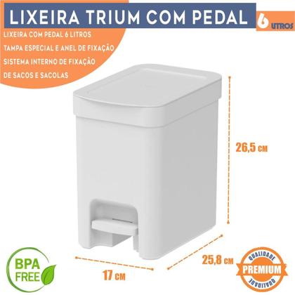 Imagem de Lixeira com pedal Trium Para Cozinha banheiro escritório OU 6 Litros lavabo Compacta Com anel oculta saco cor branco Com Tampa Resistente