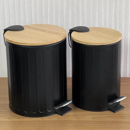 Imagem de Lixeira de Aço c/ Tampa Bambu Basic Preto 5 Litros - Mek