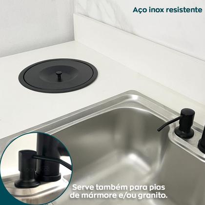 Imagem de Lixeira De Embutir Preto Fosco 5 Litros E Dispenser Dosador Detergente 350ml Kit Cozinha Inox Cesto de Lixo e Porta Detergente Pia Granito Marmore