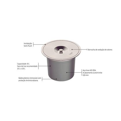 Imagem de Lixeira de Embutir Tramontina Clean Round em Aço Inox com Balde Plástico 8 L