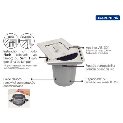 Imagem de Lixeira de Embutir Tramontina Clean Square em Aço Inox com Balde Plástico 5 L