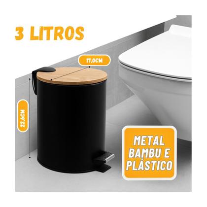 Imagem de Lixeira em Metal 3L Com Pedal e Tampa de Bambu Para Banheiro Cozinha Cor Preta
