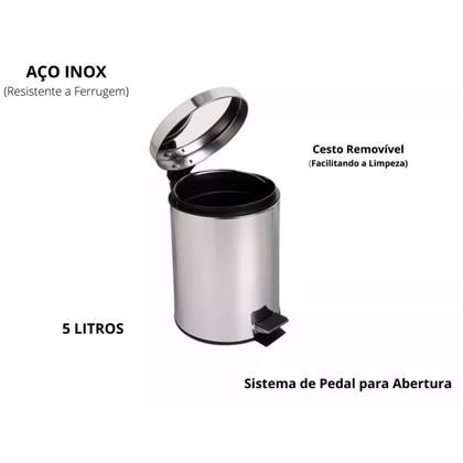 Imagem de Lixeira Inox Banheiro 5 Litros Cozinha Cesto Com Pedal Tampa