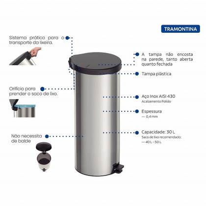 Imagem de Lixeira Inox Polido com Pedal 30 Litros Linha New Tramontina