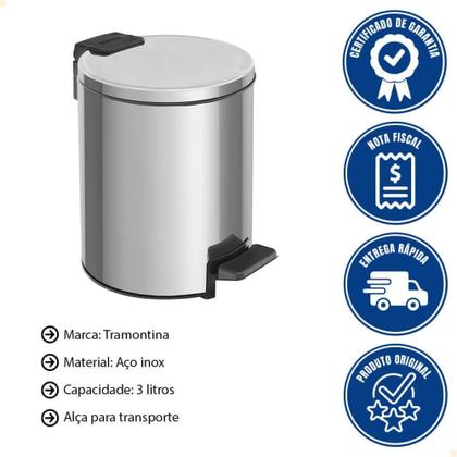 Imagem de Lixeira Inox Tramontina Com pedal Loop 3L Fechamento Softclose 94547/003