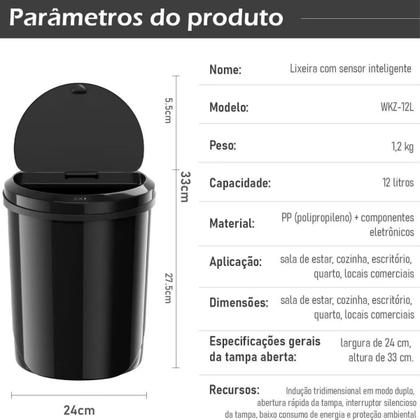Imagem de Lixeira Inteligente Automática Modo Sensor Infravermelho 12l