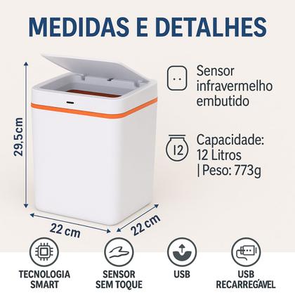 Imagem de Lixeira Inteligente Automática Recarregável 12L com Sensor de Movimento USB Cesto Lixo Cores Sortidas
