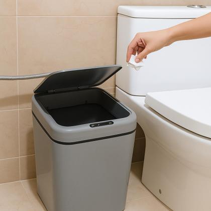 Imagem de Lixeira Inteligente Com Sensor Automática Banheiro Cinza Claro Lixeira Automática De 16 Litros