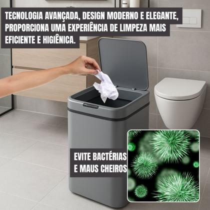 Imagem de Lixeira Inteligente Com Sensor Automática Banheiro Cinza Claro Lixeira Automática De 16 Litros