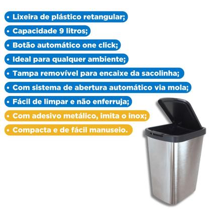 Imagem de Lixeira Lixinho 9 Litros Plástico Abertura Botão Click Automático Retangular Pia Banheiro Cozinha Lavabo 