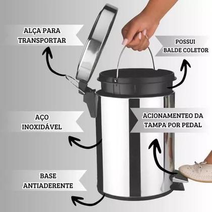 Imagem de Lixeira Lixo Aço Inox 5 Litros Com Cesto Removível E Pedal Banheiro Cozinha Redondo