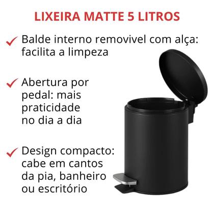 Imagem de Lixeira Matte 5 Litros Preta Em Aço Inox Banheiro Cozinha