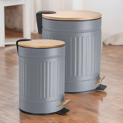Imagem de Lixeira para Banheiro Cinza 3 Litros em Aço Inox e Bambu Com Pedal Mek