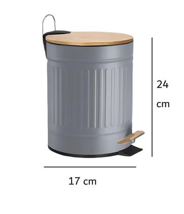 Imagem de Lixeira para Banheiro Cinza 3 Litros em Aço Inox e Bambu Com Pedal Mek