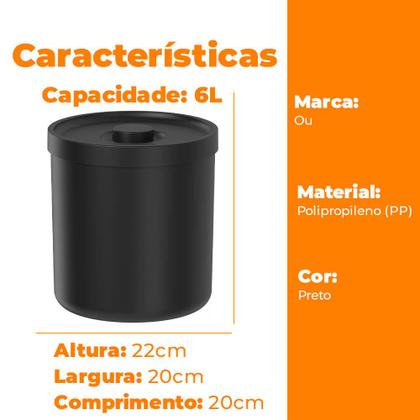 Imagem de Lixeira para Banheiro e Cozinha com Tampa Bold Preta 6L - Ou