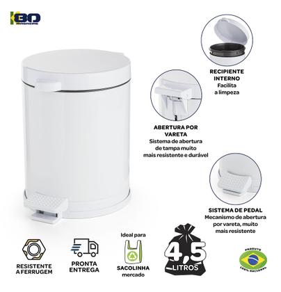 Lixeira Pedal 4.5L Branco Metal Resistente Anti Odor Com Cesto Interno Removível - Viel Imagem de Lixeira Pedal 4.5L Branco Metal Resistente Anti Odor Com Cesto Interno Removível
