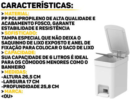 Imagem de Lixeira Plástica Retangular Trium Com Pedal Cesto De Lixo 6 Litros Para Banheiro Cozinha Lavabo