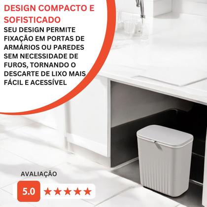 Imagem de Lixeira Plástica Suspensa com Tampa  9 Litros, Sem Furos, Ideal para Cozinha com Suporte de Parede e Porta
