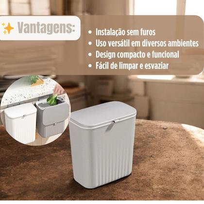 Imagem de Lixeira Plástica Suspensa com Tampa  9 Litros, Sem Furos, Ideal para Cozinha com Suporte de Parede e Porta